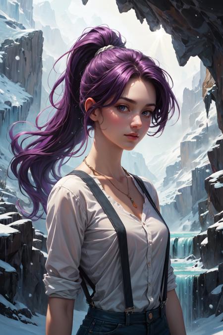 (impasto paintings:1.2),cowboy shot ,realistic, best quality, masterpiece, realistic ,<lora:more_details:0.3>,<lyco:GoodHands-beta2:1>, snow mountain waterfall background,dramatic lighting, 1girl, Flying hair, looking at viewer, upper body, (suspenders), ponytail, violet hair, sunlight, outdoors, necklace <lyco:GPTS4 dreamwave full_478773:0.3>