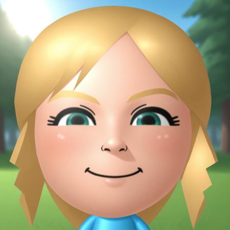 wii, mii, wii sports, 1girl, female mii, green eyes, blonde hair, blonde eyebrows, blush, cyan clothing, white pants, shoes, nintendo mii, modern_mii, classic_mii, breasts, olga_(wii_sports), cute