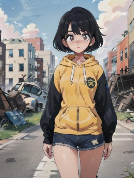 (best quality, masterpiece:1.1), 1girl, black hair, yellow hoodie, (ruins:1.2), abandoned city, outdoors, <lora:BrushlineBeta:0.6>