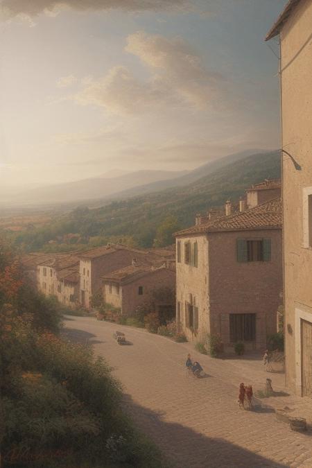 Epic, amazing lens glow lighting illuminates a modern, futuristic, grand scene in golden hour light, reflecting the darker aspects of the human condition. Romantic realism style shows an Italian countryside village with warm colors, textured brushwork, and serene landscapes.  Soft light depicts heroic elements in a massive scale.