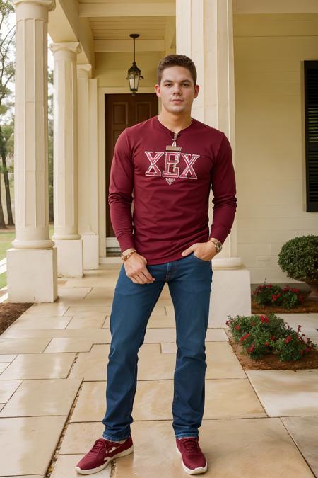 Greek style fraternity house, standing on porch with columns, CFBrent is a preppy frat boy, wearing a red garnet long sleeve shirt, Greek letters on shirt, blue jeans, sneakers, holding a plastic cup of beer, fraternity party, (((full body portrait))), wide angle  <lora:CFBrent:0.8>