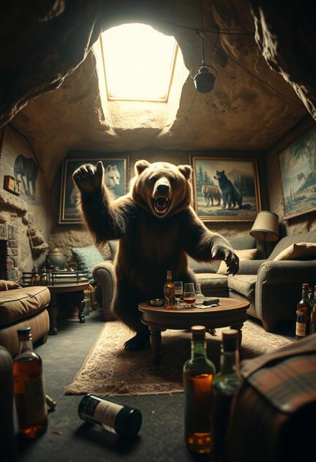 Closeup of a drunk degenerate grizzly bear dancing in a cozy cave lounge with a comfy sofa and a coffee table. There are bottles of rum scattered on the floor near the walls. Evening sunlight shines into the cave through a ceiling window. There are paintings depicting wolves and bears hanging on the back wall.