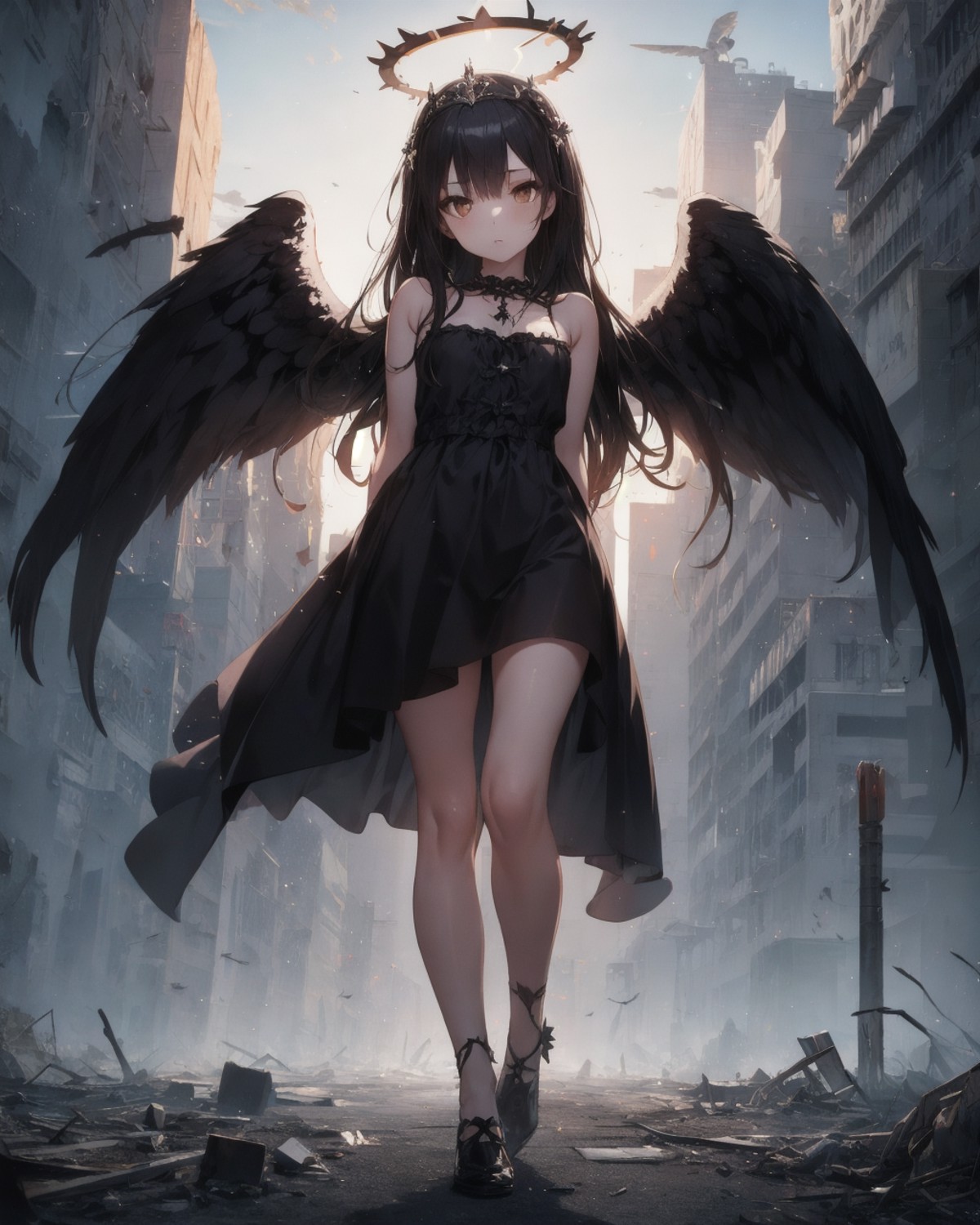masterpiece, best quality, 1girl, black hair, angel of death, innocent, brown eyes, diadem, angel wings, black clothes, fu...