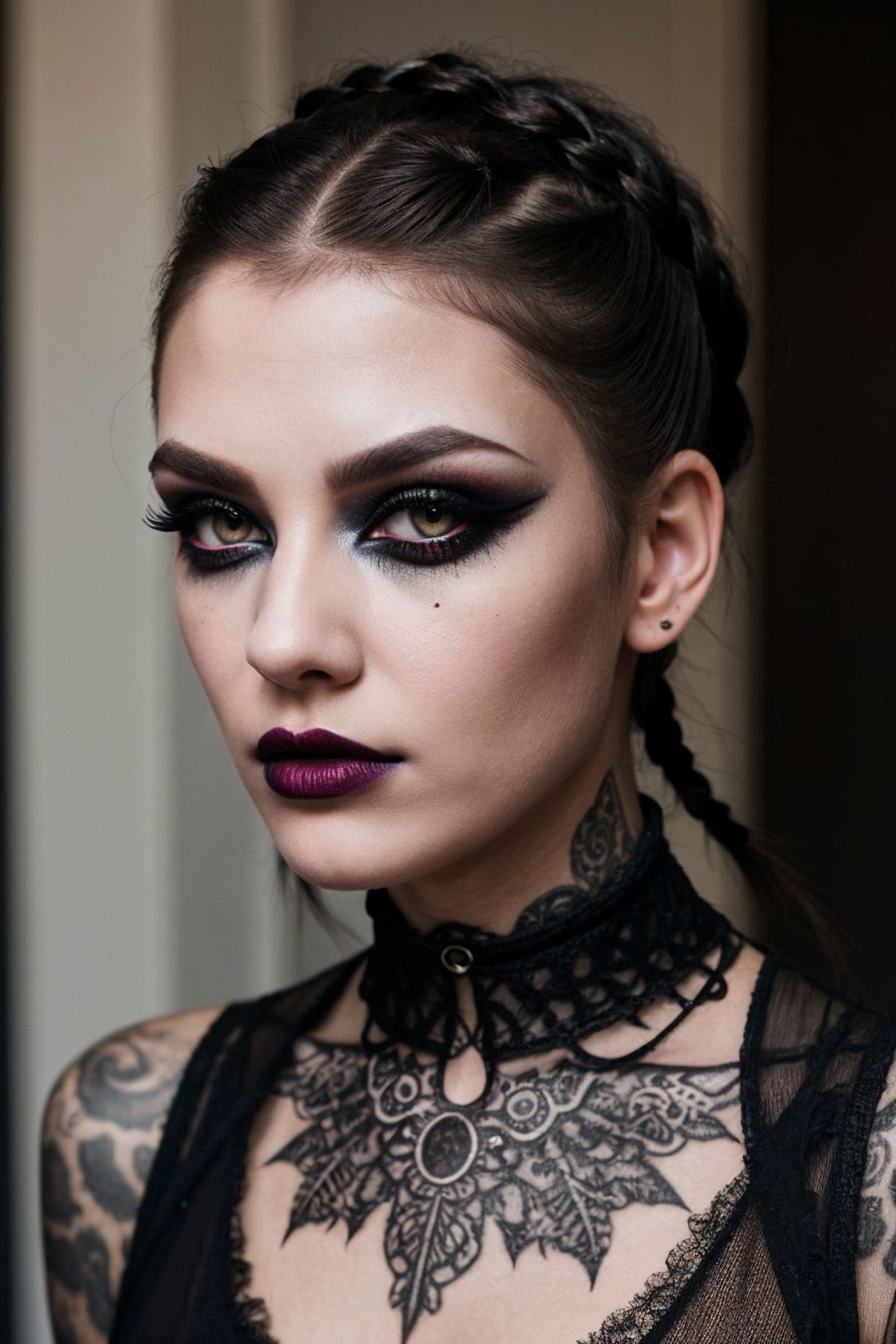 A woman with purple lipstick, tattoos, and a black top.