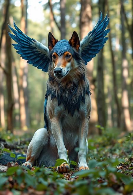 The photo shows a mythical creature sitting in the forrest. The creature is a mixed creature++ it has a horse body hooves blue bird wings, dogs head, birds beek