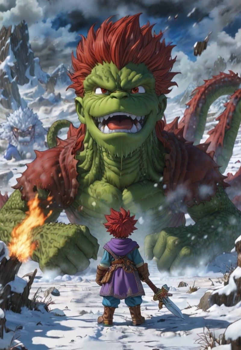 A scene from Dragon Quest, with a red haired boy in the center fighting against a giant green monster on a snow field and ...