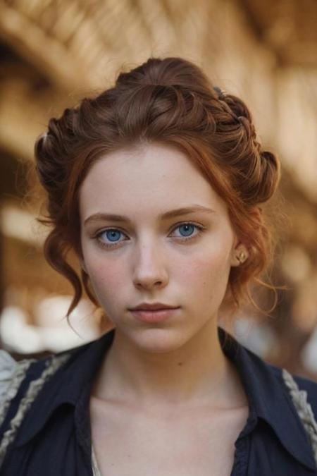 full shot photography of a pretty ginger irish girl, in the 18th century, blue eyes, messy victorian updo hairstyle, curly locks of hair pending over her shoulders, wearing a dirty filthy ragged used pirate outfit, looking around her, detailed face, detailed hands, indecent dynamic pose, smug expression, outside a tavern in an indonesian rustic fisher village, exquisite natural backlighting, dim light, rim light, low key, soft shadows, depth of field, photorealistic, analog film grain, rule of thirds, golden number, 8K, masterpiece