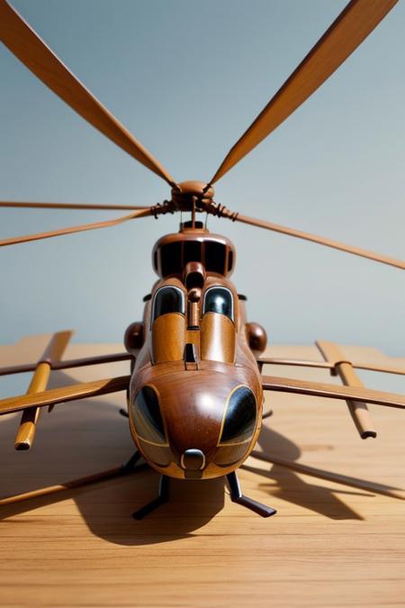(masterpiece:1.2), (best qualit:1.2), (high resolution:1.2), wooden made flying helicopter, still life shot, sky background <lora:model-lora-wooden-made-10:0.8>