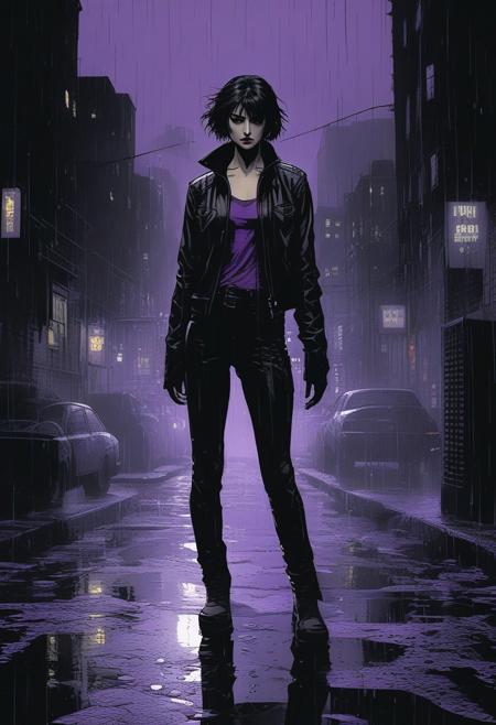 Illustration, black and white, style of  Frank Miller, full body, young woman, standing in the rain, short dark hair, leather jacket, dark dystopian cyberpunk city street,  color accents purple