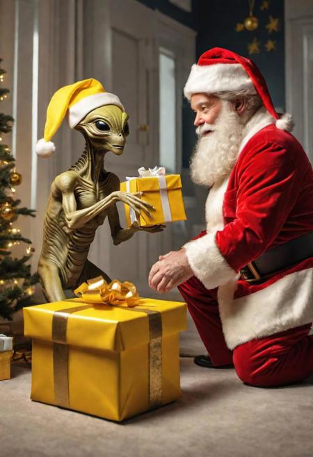 rosewell alien delivering presents with santa wearing yellow christmas hats, hyperdetailed photography, cinematic lighting