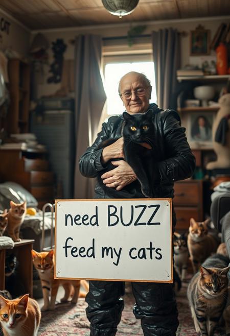 Closeup of old 77 year old Catwoman from batman movie in worn catsuit crafted from  thrash bags standing and holding chubby black cat in her dilapitated apartment, 30 different cats running around, sunlight coming from window, she is holding sign "need BUZZ to feed my cats"