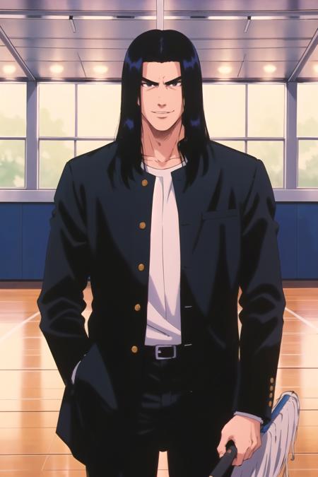 Mitsui Hisashi,black hair, long hair, school uniform, black eyes,long sleeves,black pants,black coat, blood, injury,nosebleed,bruise, bandaid on face,bandaid,bandages, hoodie,hood
