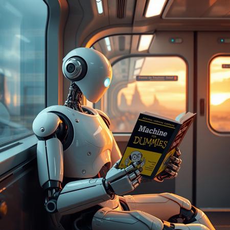 Robot humanoid sitting in futuristic train and reading a book "Machine Learning for Dummies", train is passing by futuristic landscape.