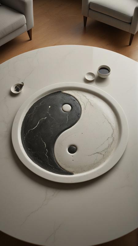 a plate like ying-yang symbol on a table in a large living room, royalcore 
award winning artwork,
many details, extreme detailed, full of details,
Wide range of colors., Dramatic,Dynamic,Cinematic,Sharp details
Insane quality. Insane resolution. Insane details. Masterpiece. 32k resolution.
 <lora:add-detail-xl:0.65> <lora:casting shadow style v2:0.1> casting shadow style, cucoloris patterned illumination <lora:CinematicStyle_v1:0.1> <lora:Disturbia:0.15> <lora:dvr-lnds-sdxl:0.1> dvr-lnds-sdxl <lora:MJ52:0.2> <lora:princess_xl_v2:0.1>  <lora:ral-dissolve:0.1> ral-dissolve <lora:ral-ertmsphr:0.1> ral-ertmsphr  <lora:ral-porcelain:0.3> ral-porcelain <lora:ral-pxlprtcl:0.31> ral-pxlprtcl  <lora:xl_more_art-full_v1:0.5>