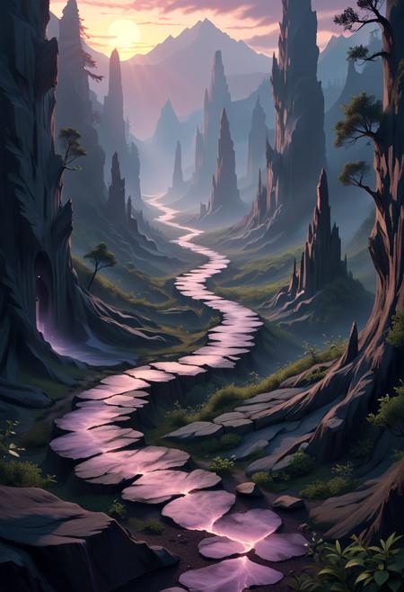 A breathtaking, hyperrealistic digital painting, a surreal, dreamlike landscape, rendered in a whimsical pastel color palette. The planet’s surface is intensely marbled bizarre pillars of stone , casting ethereal shadows across the scene. In the sky clouds drift over the bright and cheerful landscape, Below, a colorful, winding path constructed of polished, smooth crystal material spirals downwards towards the viewer, leading into a dense forest of stone trees, In the far distance is mountain of obsidian, creating a hazy, dreamlike atmosphere., dramatic volumetric lighting, creating a sense of vastness, adventure, and intense exploration – 8k resolution, trending on ArtStation. SDXL_POS, flux-style, aidmamj6.1,