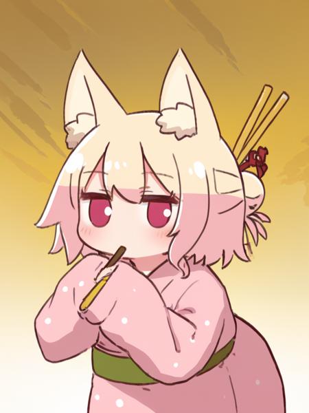 <lora:npc_xl_pocky:1>hold the Pocky,1girl, blonde hair, single hair bun,japanese clothes <lora:npc_kemomimi:1>kemomimi is holding a Pocky stick in its mouth.