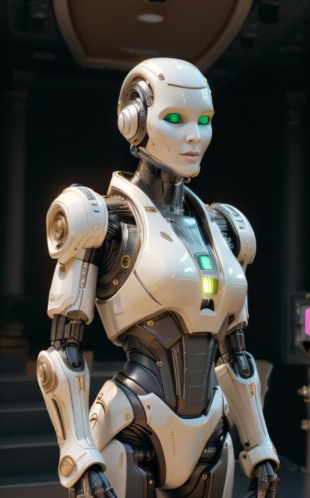 cinematic film still ((bright neon colors)), (top-quality, 8K, masterpiece:1.3) A photo of a sleek, humanoid robot, playing a musical instrument, wearing a stylish jacket, on a modern stage taken with a prime lens highly detailed, detailed skin, dramatic spotlighting <lora:IvoryGoldAIv2:1> ivory gold . shallow depth of field, vignette, highly detailed, high budget, bokeh, cinemascope, moody, epic, gorgeous, film grain, grainy