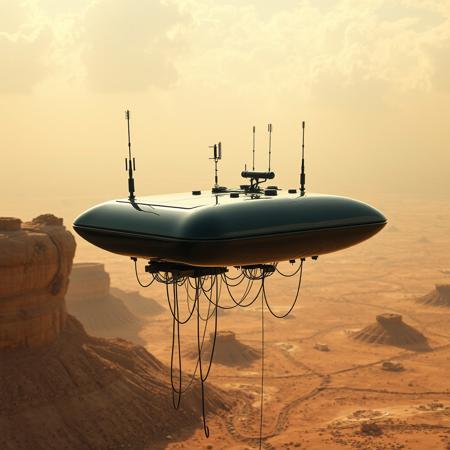 ultra high resolution, masterpiece, best quality, small featureless smooth glossy black glass spacecraft hovering low to the ground, underneath the spacecraft are cables hoses and wires, antennas on top, cables hanging from below, rectangular in shape, futuristic world, post apocalyptic landscape, ((low concrete buildings:1.3)) anti gravity, in the atmosphere, sky, clouds, ground visible, hovering, dry, ((dusty)), bleak landscape, parched, orange light, sunlight, square shapes, bleached colors,