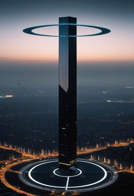 A stately pleasure-dome decree:
Aleph Tower, centre for the AI that rules the Human civilization, in a glittering city of glass and shining metal,
   bright sunlight under a pitch black sky.
So twice five miles of urban sprawl,
With walls and towers  girdled round;
In center: a black circle in bold lines intersected by a thick X, symbol,
Photographer Reuben Wu Style