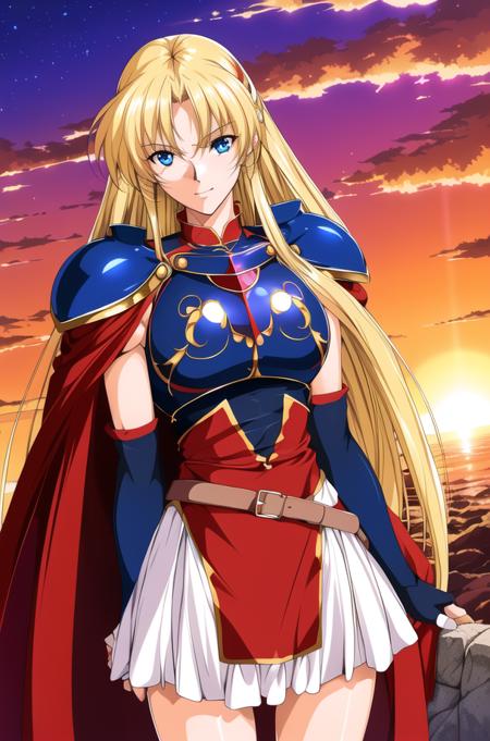 Outdoor,sunset, twilight,Castle,red_sky,sunlight, sunrise, backlighting,cloud, cloudy_sky,mountainous_horizon, orange_sky,
Standing at attention,diffraction_spikes, glint,sparkle,
blue and red outfit,Blue_armor, (shoulder_armors:1.5), armored dress, armored boots, miniskirt,red and blue_cape,white_gloves,belt,
<lora:Sharon_Words_Worth-KK77-V1:0.75>,<lora:Front_Innocent_repack-KK77-V1:0.1>,
blonde_hair,long_hair,blue_eyes,
1 girl, 20yo,mature female,Beautiful Finger,Beautiful long legs,Beautiful body,Beautiful Nose,Beautiful character design, perfect eyes, perfect face,
looking at viewer,  (big_eyes:1.0),
NSFW,official art,extremely detailed CG unity 8k wallpaper, perfect lighting,Colorful, Bright_Front_face_Lighting,
(masterpiece:1.0),(best_quality:1.0), ultra high res,4K,ultra-detailed,
photography, 8K, HDR, highres, absurdres:1.2, Kodak portra 400, film grain, blurry background, bokeh:1.2, lens flare, (vibrant_color:1.2)
(Beautiful,large_Breasts:1.4), (beautiful_face:1.5),(narrow_waist),