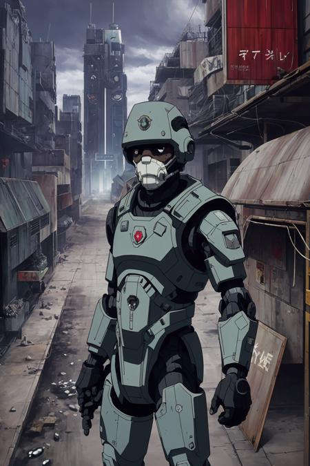 a Mexican futuristic police soldier wearing armor, robotic implants, dystopic, wasteland, city <lora:NEOTOKIO_V0.01:0.75>