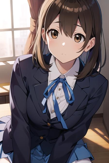 yuihirasawa, <lora:yuihirasawatest:1>, yui hirasawa, (brown eyes:1.5), brown hair, hair ornament, hairclip, medium hair, (flat chest:1.2), BREAK black pantyhose, blazer, blue jacket, blue ribbon, blue skirt, buttons, collared shirt, jacket, long sleeves, neck ribbon, pantyhose, pleated skirt, ribbon, sakuragaoka high school uniform, school uniform, shirt, skirt, white shirt, winter uniform, BREAK looking at viewer, BREAK indoors, classroom, BREAK <lora:GoodHands-vanilla:1>, (masterpiece:1.2), best quality, high resolution, unity 8k wallpaper, (illustration:0.8), (beautiful detailed eyes:1.6), extremely detailed face, perfect lighting, extremely detailed CG, (perfect hands, perfect anatomy),