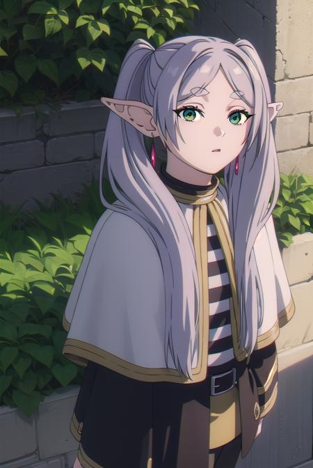 frieren, <lora:frieren-lora-nochekaiser:1>,
frieren, long hair, twintails, (green eyes:1.5), grey hair, pointy ears, elf,
BREAK shirt, long sleeves, jewelry, pantyhose, earrings, striped, black pantyhose, capelet, striped shirt,
BREAK looking at viewer, upper body, (full body:1.2),
BREAK outdoors, sky, nature,
BREAK <lyco:GoodHands-beta2:1>, (masterpiece:1.2), best quality, high resolution, unity 8k wallpaper, (illustration:0.8), (beautiful detailed eyes:1.6), extremely detailed face, perfect lighting, extremely detailed CG, (perfect hands, perfect anatomy),