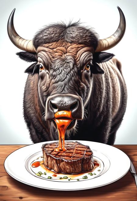 Ultra realistic buffalo, horrified expression upon viewing a steak on a plate, exaggerated cartoon style