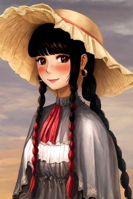 amb, 1girl, bangs, bird, black hair, blunt bangs, blush, braid, brown eyes, capelet, closed mouth, cloud, cloudy sky, day, dress, grey dress, hat, long earlobes, long hair, long sleeves, looking at viewer, outdoors, owl, red capelet, red lips, sky, smile, solo, tassel, tree, twin braids, upper body, yatadera narumi<lora:amibazh_v7-000012:1>