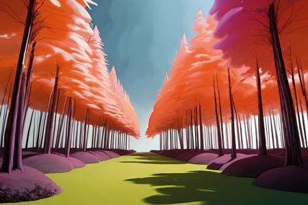 A surrealistic fusion of Reuben Wu's ethereal landscapes with Nick Knight's hyper-realistic models. A Synthetic forest of barcode trees, where creatures with Taro Okamoto's biomechanical limbs frolic and play. The sun sets in vibrant, electric hues, casting long, synthetic shadows that distort the Sharp Focus images of the models. In the distance, a satellite hovers, projecting old school designs onto the landscape, OverallDetail
