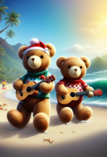 Adorable, cuddly teddy bears celebrating the holiday season in warm sunny Hawaii. Teddy bears playing ukuleles on a beach, surfing the waves, High detail, cinematic lighting, vibrant colors, and a holiday atmosphere brimming with cheer, 
xmastedx