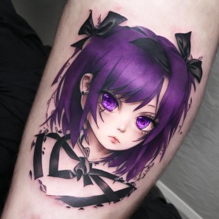 <lora:bodytattoo:1> , bodytattoo, tattoo of, arm tattoo, gothic, hair ribbon, highres, purple eyes, purple hair, ribbon, shorts, violet eyes