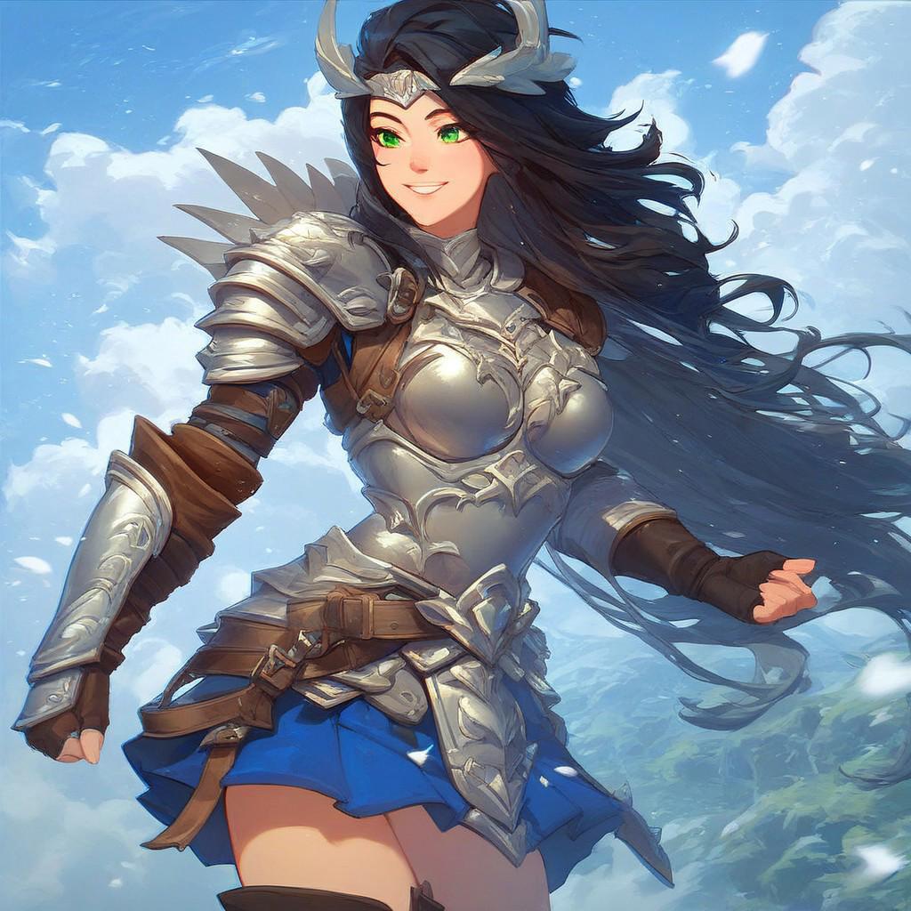 score_9, score_8_up, score_7_up, CG, solo, 1girl, black hair, long hair, green eyes, white armor shirt, Viking armor, blue short skirt, steel long boots, feathered hair ornament, medium breasts, smiling face, masterpiece, detailed, Expressiveh