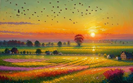 oil drybrush painting of a cozy grand green field in the sunrise, glistening dew, vivid colors, birds, warm