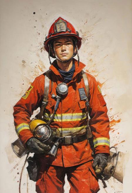 by James Gurney, Manga style art, vibrant, high-energy, detailed, iconic, Japanese comic style, manga,, (fireman1.4), (masterpiece, best quality:1.4) , in the style of nicola samori,