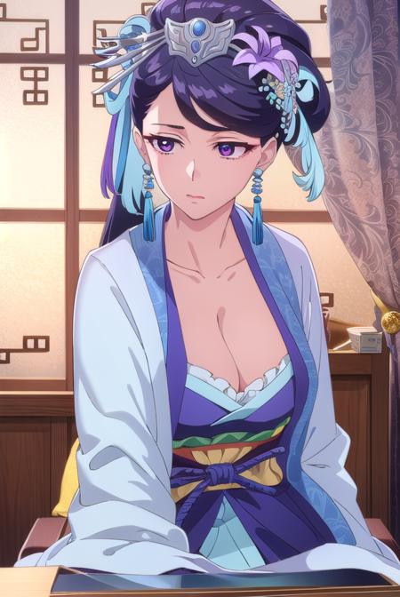 lihua, <lora:lihua s1-lora-nochekaiser:1>,
lihua, long hair, (purple eyes:1.1), purple hair, flower, earrings, hair flower, makeup, lipstick,
BREAK cleavage, jewelry, chinese clothes, hanfu,
BREAK indoors,
BREAK looking at viewer, (cowboy shot:1.5),
BREAK <lyco:GoodHands-beta2:1>, (masterpiece:1.2), best quality, high resolution, unity 8k wallpaper, (illustration:0.8), (beautiful detailed eyes:1.6), extremely detailed face, perfect lighting, extremely detailed CG, (perfect hands, perfect anatomy),