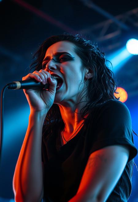 close up shot of a dark punk rock front woman screaming her song in the Mikrophon. Tens Muskels and veins on her arms and neck from the intense performance. the shot is timed perfectly and the lights are spot on. Giving the scene a dramatic side rim lighting and a face in half shadow. Soft smoke from the smoke machines on the top of the tent is dramatically illuminated from the light show with red, green and blue lasers and strong warm spotlights. Her black shirt is wet from her sweat and her wet long curly hair sticks to her head and face. her make-up is painting a pure white face with pitch black lines around her completely black eyes and black lips. 
Shot with a full-frame DSLR, 85mm lens at f/1.8 for shallow depth of field, ISO 400, 1/100 shutter speed. Cold dimm light enhanced with slight post-processing contrast boost and neutral tone grading. balancing sci-fi horror with dark fantasy. dark gothic warhammer30k theme