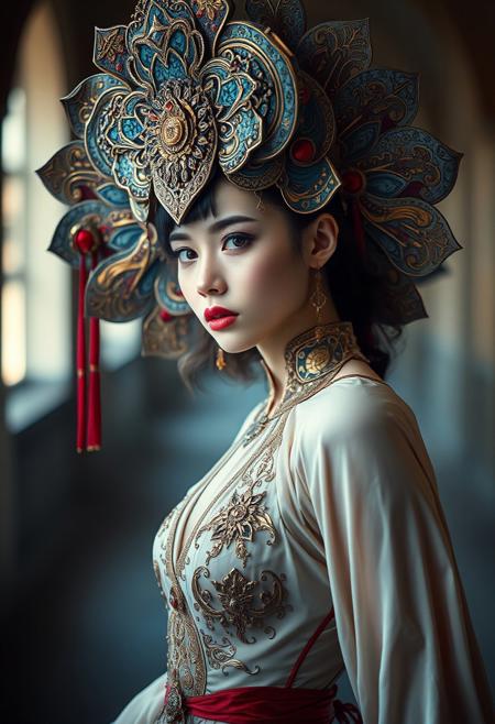 (Soft Lighting Photography by Mimoza Veliu and Mario Giacomelli:1.2), NSFW, (off-center composition, dynamic left aligned composition), BaroCybPnk, Futuristic, Baroque, Cyberpunk, Photography, cinematic, The image is a portrait of a young woman wearing a futuristic-looking headpiece. The headpiece is made up of a large, ornate headdress with intricate designs and patterns in shades of blue, red, and gold. The woman's face is turned to the side, with a serious expression. She is wearing a long, flowing dress with a high neckline and long sleeves. The dress is decorated with gold and red accents, and the bodice is covered in intricate patterns and designs., cinematic film still anime artwork fantasy art by Kouta Hirano, sci-fi art by Kunio Okawara, , Mecha design, Gundam, intricate, futuristic, action-packed, dark fantasy, intricate, detailed . anime style, key visual, vibrant, studio anime, highly detailed . shallow depth of field, vignette, highly detailed, high budget, bokeh, cinemascope, moody, epic, gorgeous, film grain, grainy, sexy