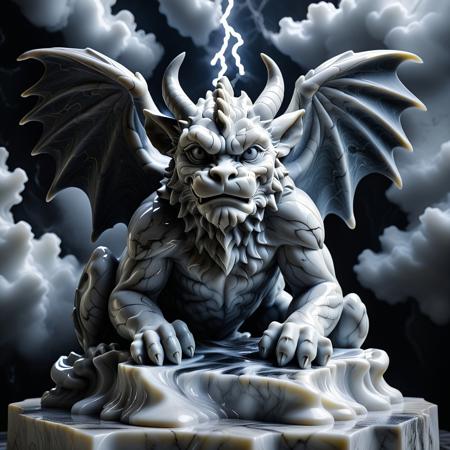 (masterpiece, best quality, very aesthetic, absurdres) A high-resolution, hyper-detailed sculpture of a gargoyle made of liquid marble, its form shifting and swirling like molten stone, perched atop a gothic cathedral under a stormy sky. The creature's eyes glow with an eerie luminescence, its body reflecting ambient lightning flashes. Fine veins of black and silver course through the semi-translucent marble, giving it an ethereal, almost otherworldly appearance. Dramatic cinematic lighting, deep shadows, and mist swirling around its base. Style inspired by dark fantasy and surreal sculpture, ultra-realistic textures of polished marble and flowing liquid stone.