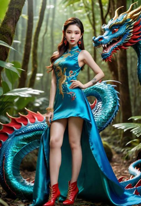 1girl, 1 thin nose, azure blue silk dress, sparkling emerald green eyes, red earrings in small balls, an Asian dragon tattooed on the arm and the neck, green high-heeled boots on the feet, riding on a flying asian golden dragon in a fantastic forest