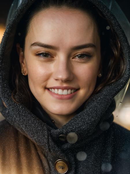 daisyrdl,a woman,(front view:1),medium lenght hair,looking at viewer,(city lights),wearing parka,rainy,golden hour,smile,extremely detailed,intricated,masterpiece,cinematic,(film grain:1.2),bokeh,volumetric lighting,motion blur, (rim light:1.2), <lora:daisyrdl-4:1> <lora:add_detail:1> add_detail:2,