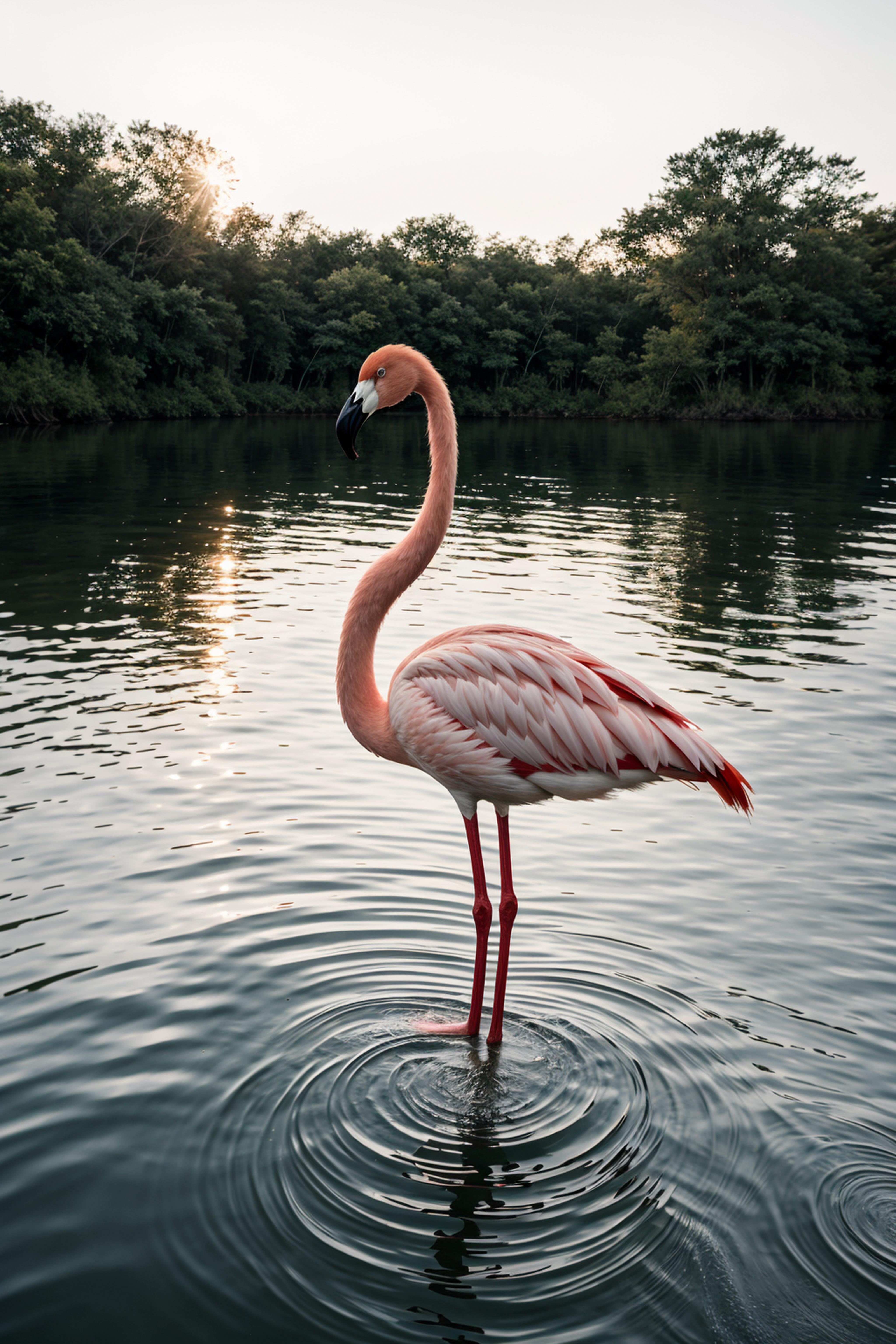 A pink flamingo standing in shallow water.