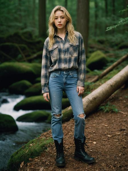 photograph of a woman, (baffled facial expression), textured skin, goosebumps, dirty blonde half-up half-down hair, oversized flannel shirt with ripped skinny jeans and combat boots, portrait, peaceful canopy walkway high above the forest floor offering a unique perspective on nature, perfect eyes, (chiaroscuro), Velvia 100 color, shot on Ilford HP5 Plus, bokeh, sharp focus on subject, shot by David Lachapelle