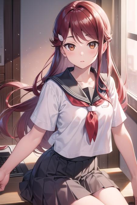 rikosakurauchi, <lyco:rikosakurauchi-lyco-nochekaiser:1>, 
riko sakurauchi, (brown eyes:1.5), hair between eyes, long hair, (red hair:1.5), (small breast:1.2), 
BREAK grey skirt, neckerchief, pleated skirt, red neckerchief, school uniform, serafuku, shirt, short sleeves, skirt, white shirt, uranohoshi school uniform,
BREAK looking at viewer, 
BREAK indoors, classroom, 
BREAK <lyco:GoodHands-beta2:1>, (masterpiece:1.2), best quality, high resolution, unity 8k wallpaper, (illustration:0.8), (beautiful detailed eyes:1.6), extremely detailed face, perfect lighting, extremely detailed CG, (perfect hands, perfect anatomy),