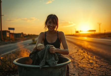cinematic wide shot, a ruggedly dressed East Asian woman washing clothes in a metal basin by a cracked highway, post-apocalyptic sunset casting golden streaks, her tank top slightly damp, sleeves rolled up revealing toned arms, smirking at the viewer while wringing out a shirt, setting: overgrown ruins with makeshift clotheslines, mood: playful survivalism, lighting: warm dusk with volumetric dust, shot on ARRI Alexa, inspired by 'Mad Max' meets 'Memories of a Geisha'