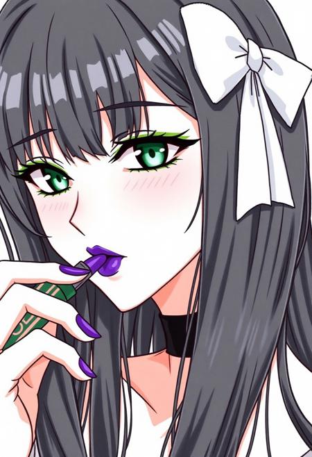 A female drawn in an anime style. She has long, black hair with a white ribbon ornament. She wears noticeable, thick green makeup around her eyes. Her eyes are a deep shade of green. Her eyes are blank and emotionless. She is wearing deep purple lipstick. She is applying purple lipstick to her lips from a glossy tube. Her fingernails are painted purple.