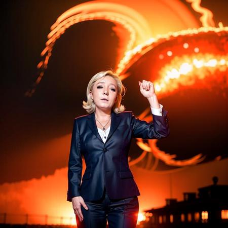 <lora:Marine_LePen-11:1> Marine lePen, in front of an explosion