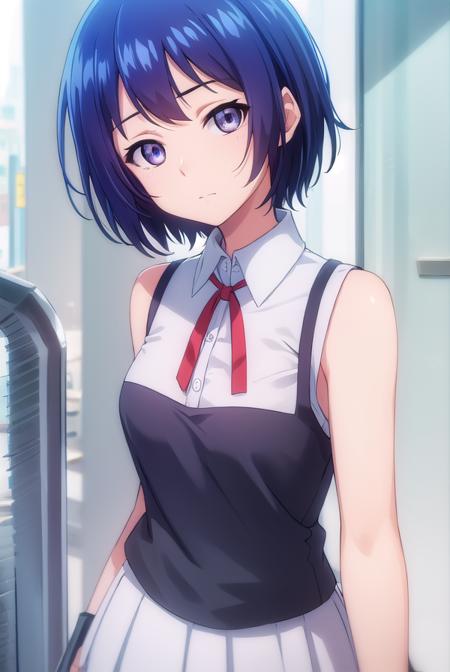 aina yoshizawa, short hair, blue hair, (purple eyes:1.1), skirt, sleeveless, socks, shirt, white shirt, collared shirt, ribbon, neck ribbon,