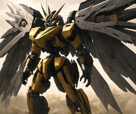 dramatic angle,dynamic angle,an extremely delicate and beautiful mecha, 8k wallpaper,masterpiece,best quality,illustration,mecha,black+gold mechanical body, science_fiction, glowing, holding_gun, no_humans, realistic, red_eyes, solo, open_hand, wings, full_body, mechanical_wings, standing, glowing_eye, weapon,  cloud, glowing_eyes, jet, day, sword,flying,sunbeam, sunlight,realistic, broken,dust,smoke