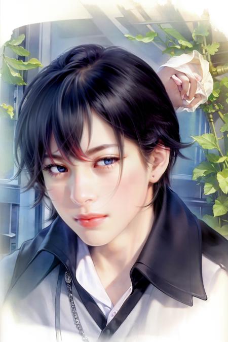 masterpiece, best quality, <lora:style16:1>,solo, flower, rose, 1boy, male focus, red flower, black hair, parted lips, red rose, looking at viewer, white background, lips, upper body, portrait, simple background, shirt, collared shirt, short hair, black eyes, blue eyes, formal, jacket